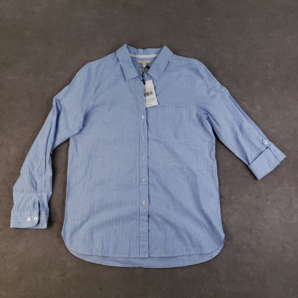 Barbour Beachfront Shirt Womens Size 10 Blue White Striped Button‎ Up Roll Tab
